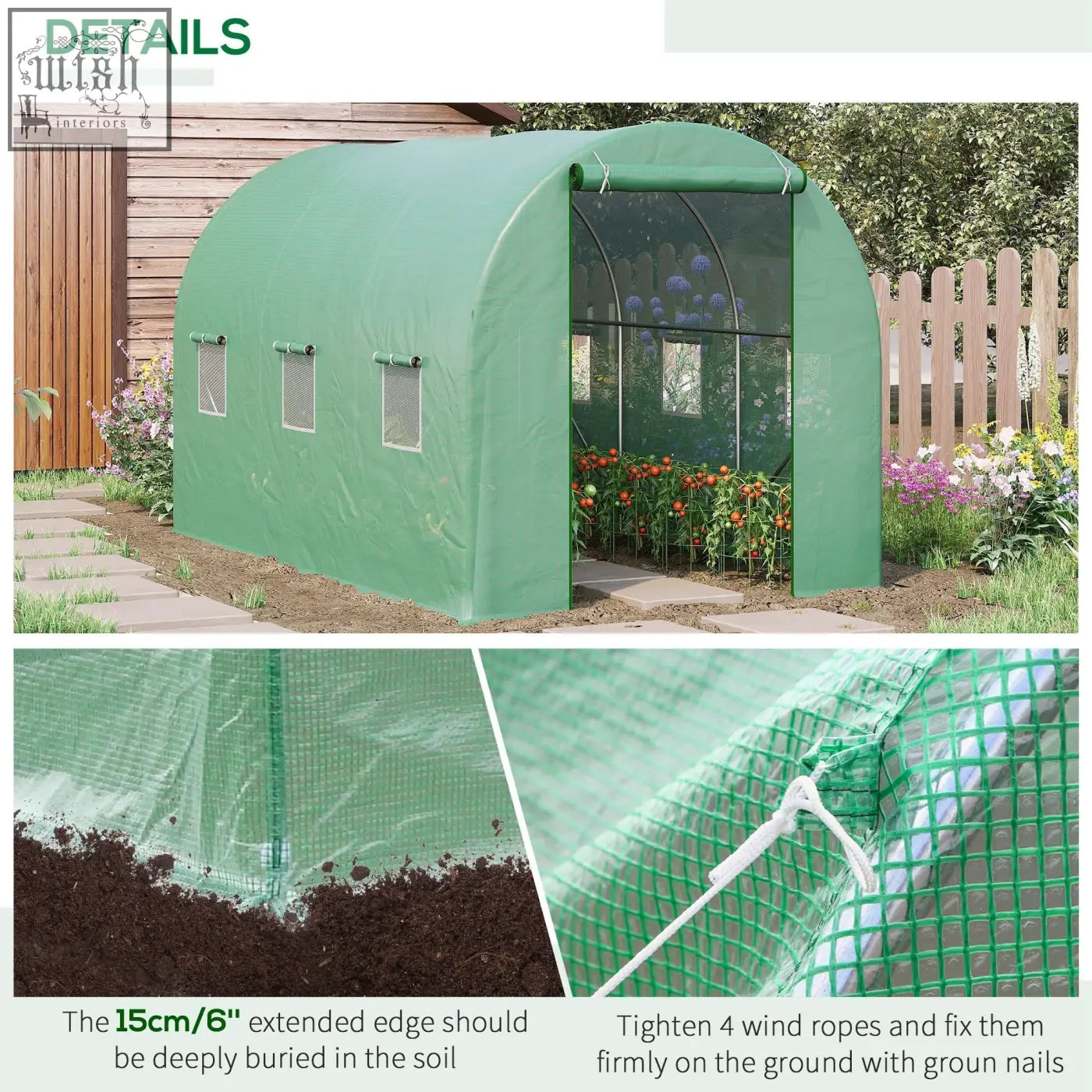 Green arched polytunnel greenhouse with steel frame, mesh sides, transparent front, and large roll-up door by Outsunny