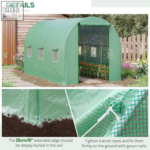 Green arched polytunnel greenhouse with steel frame, mesh sides, transparent front, and large roll-up door by Outsunny