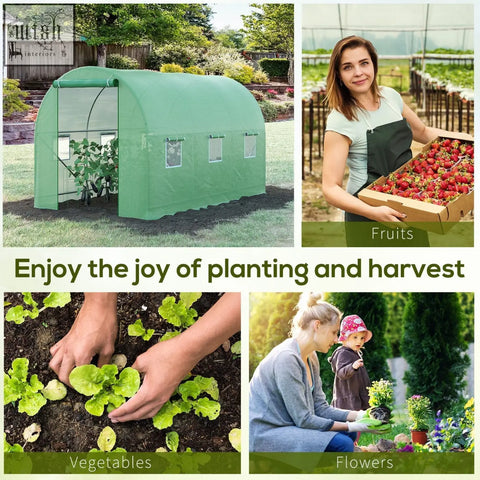 Green outsunny 3.5 x 2m polytunnel greenhouse with steel frame large roll-up door and 6 windows