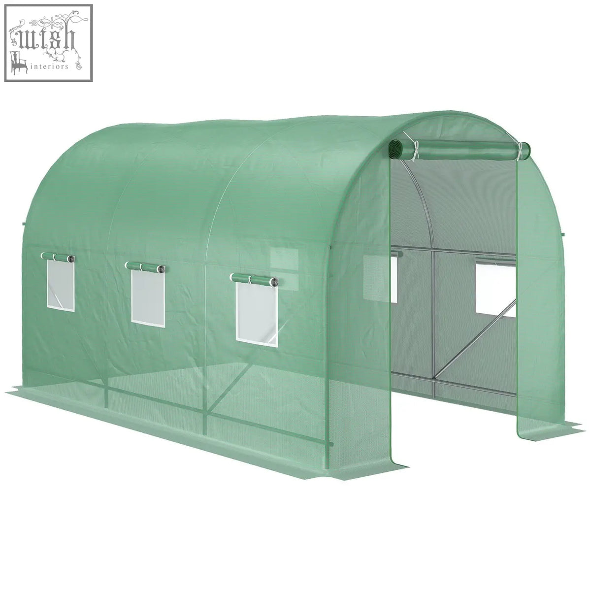 Green translucent outsunny polytunnel greenhouse with steel frame large roll-up door and 6 windows