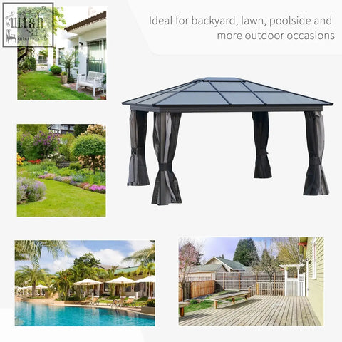 Black-framed garden gazebo with aluminium frame, dark gray curtains, and hardtop roof for patio or deck use