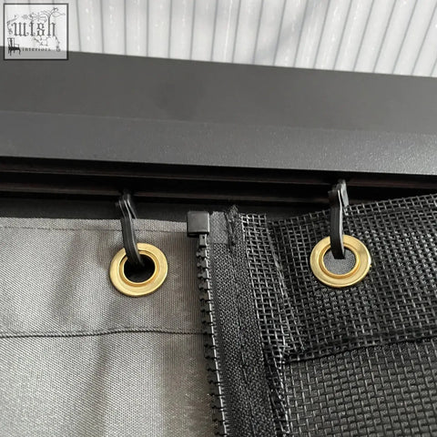 Black mesh curtain with gold-toned metal grommets and black plastic hooks for outsunny garden gazebo with aluminium frame and hardtop roof