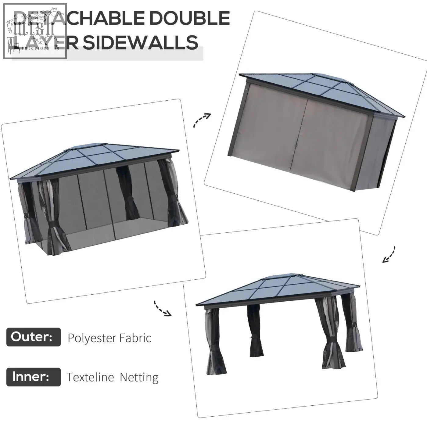 Detachable double layer sidewalls with dark gray polyester outer fabric and textline netting on outsunny garden gazebo with aluminium frame and hardtop roof