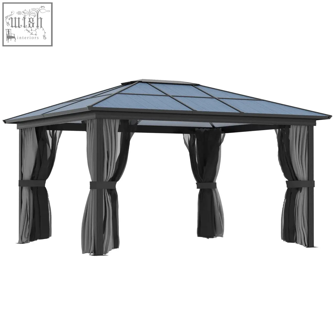 Black metal garden gazebo with aluminium frame dark gray curtains and blue-tinted hardtop roof for patio use