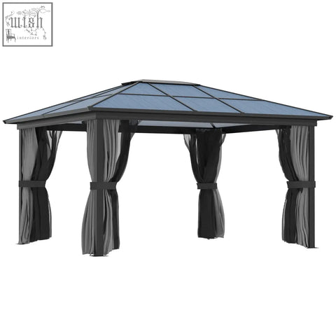 Black metal garden gazebo with aluminium frame dark gray curtains and blue-tinted hardtop roof for patio use