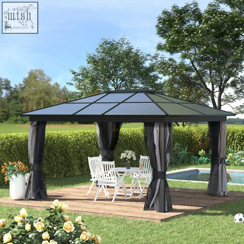 Black metal garden gazebo with dark gray fabric curtains, aluminium frame, and hardtop roof for patio use