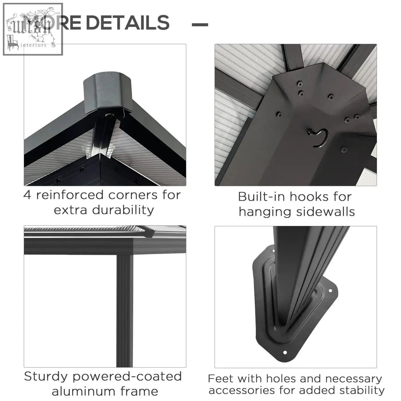 Black powder-coated aluminium frame with reinforced corners and hooks for outsunny garden gazebo with hardtop roof