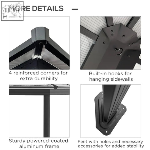 Black powder-coated aluminium frame with reinforced corners and hooks for outsunny garden gazebo with hardtop roof