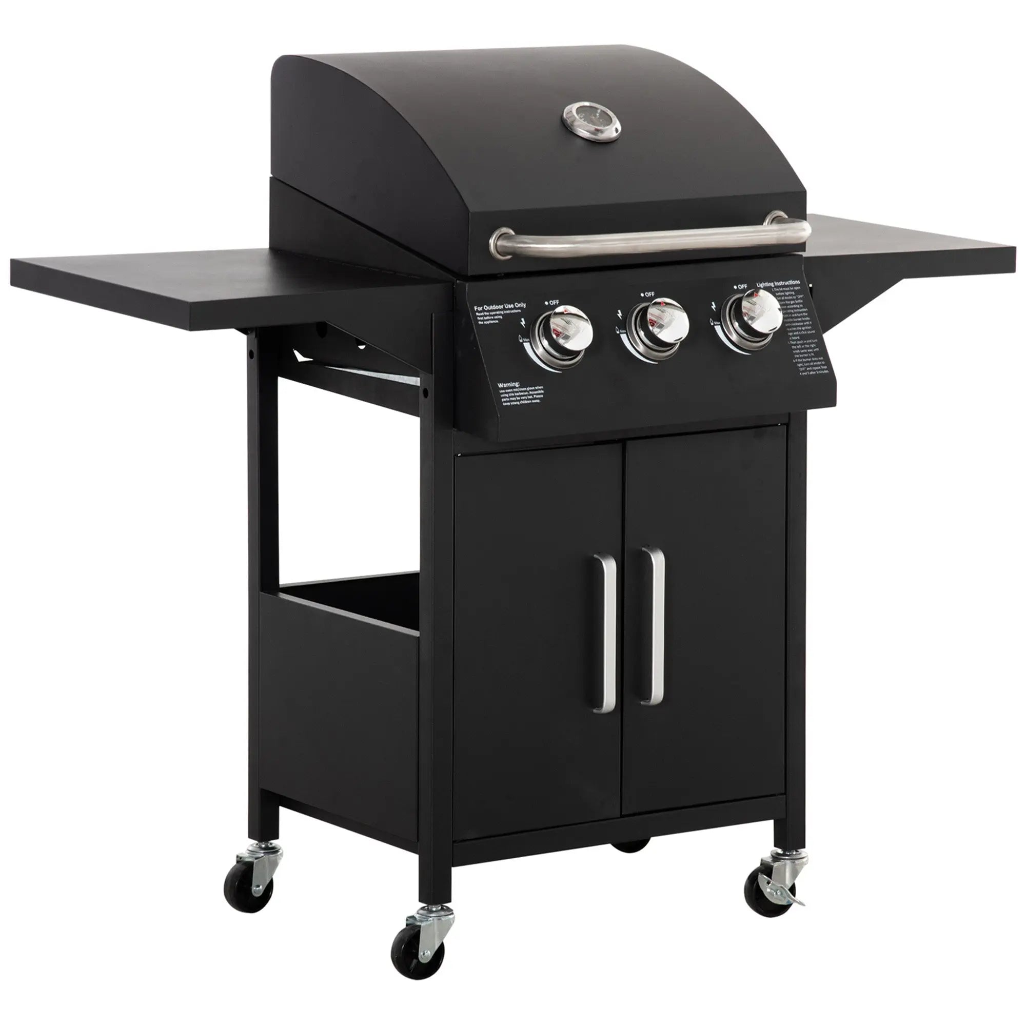 Black Outsunny 3 burner gas bbq grill with warming rack, piezo ignition, stainless steel knobs, and storage cabinet on cart