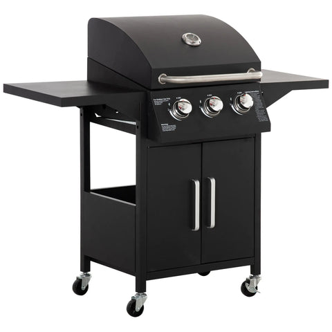 Black Outsunny 3 burner gas bbq grill with warming rack, piezo ignition, stainless steel knobs, and storage cabinet on cart