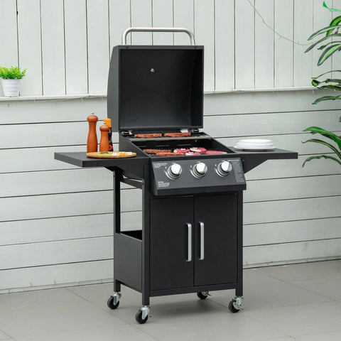 Black carbon steel gas bbq grill with warming rack piezo ignition and storage cabinet on wheeled trolley