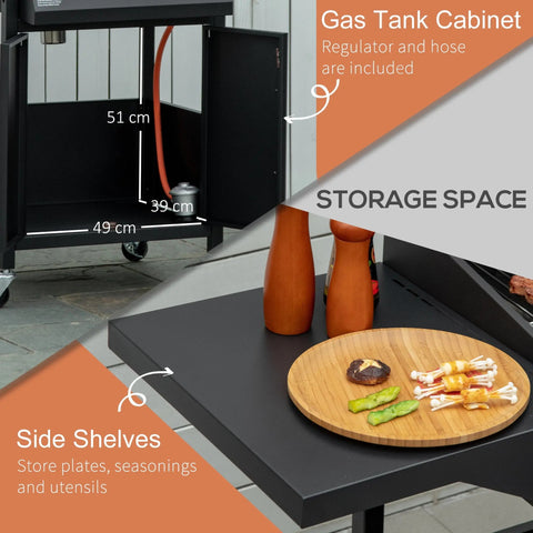 Black metal gas tank cabinet with side shelves and storage for plates seasonings and utensils on outsunny gas bbq with warming rack and piezo ignition