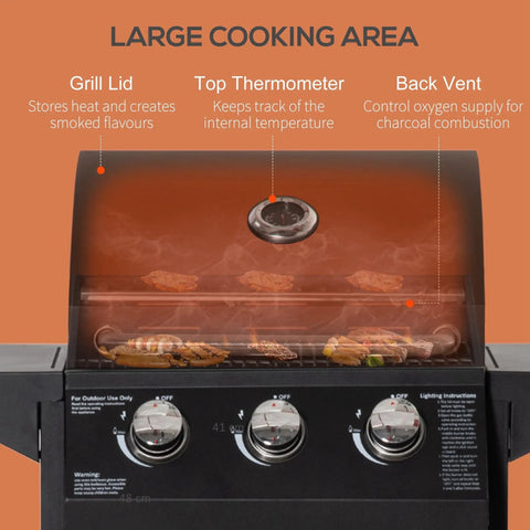 Black outsunny 3 burner gas bbq grill with warming rack, piezo ignition, thermometer, and transparent lid made of carbon steel