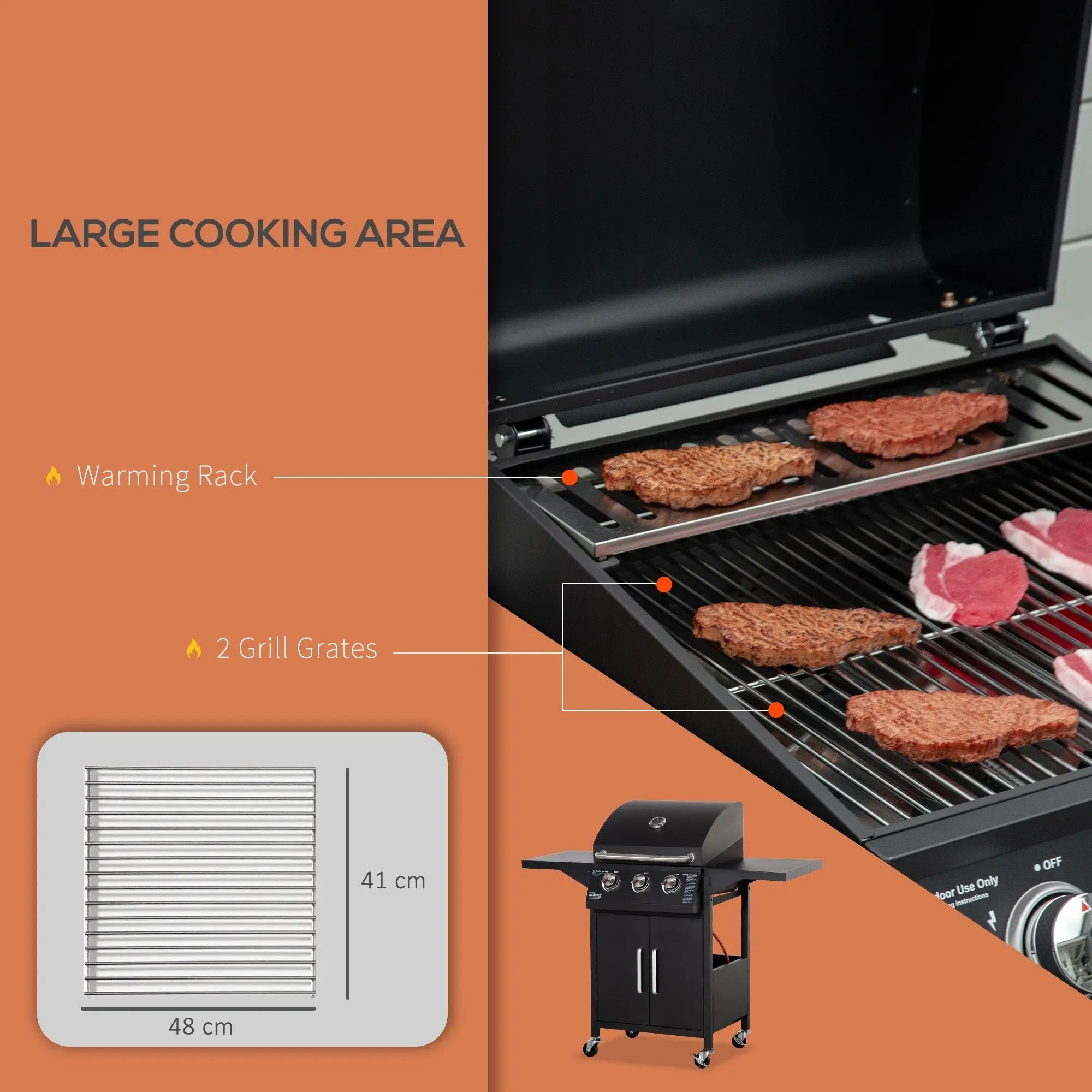 Black outsunny 3 burner gas bbq grill with warming rack piezo ignition carbon steel and modern sturdy design