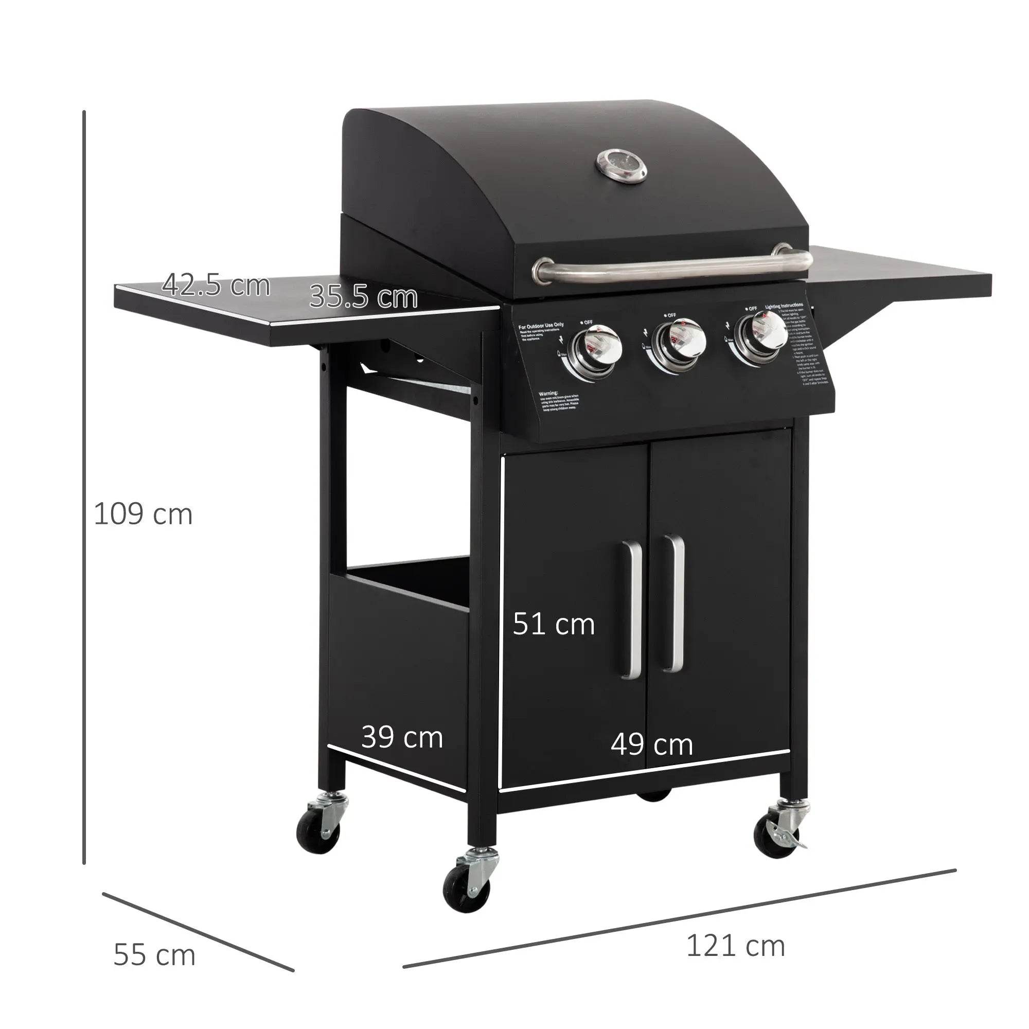 Black outsunny 3 burner gas bbq grill with warming rack piezo ignition stainless steel knobs handle on wheeled cart