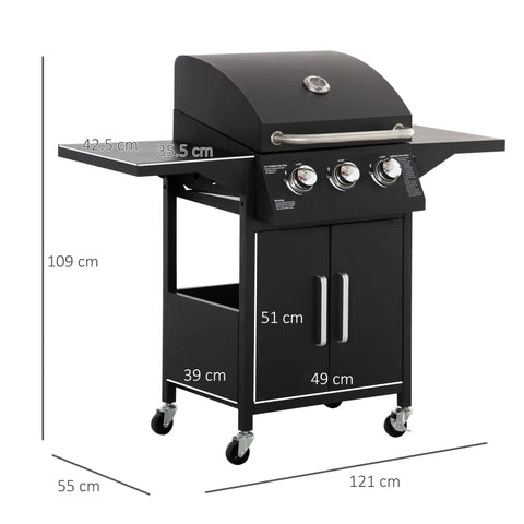Black outsunny 3 burner gas bbq grill with warming rack piezo ignition stainless steel knobs handle on wheeled cart