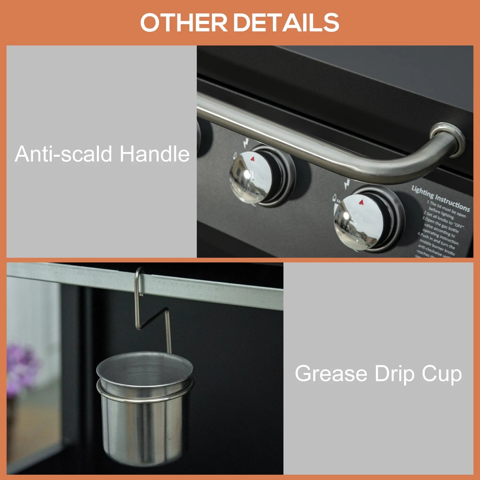 Stainless steel anti-scald handle with polished chrome knobs and grease drip cup on outsunny black gas bbq with warming rack and piezo ignition