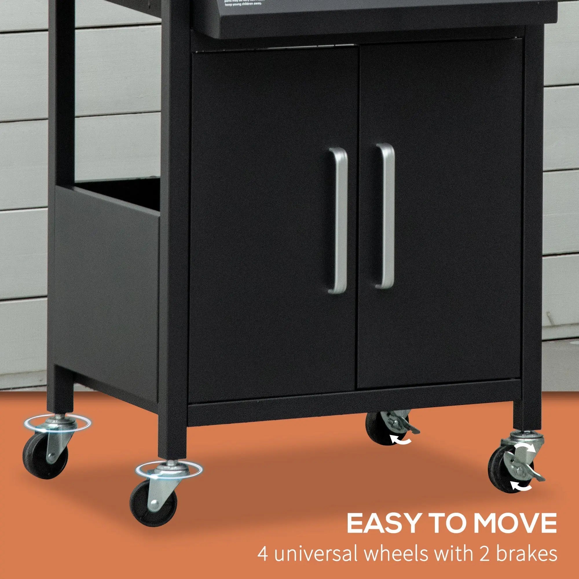 Black metal cart with silver handles and brake wheels for outsunny gas bbq trolley with warming rack and piezo ignition