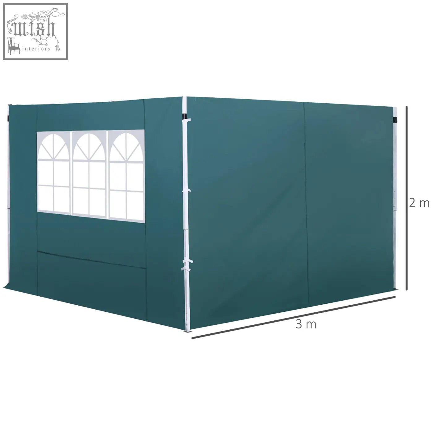 Teal fabric gazebo with white arched window panels and white metal frame featuring oxford cloth replaceable dark green side panels