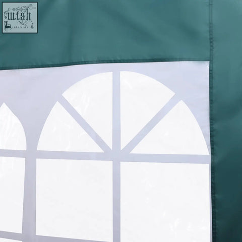 Dark green oxford cloth gazebo replaceable side panel with teal fabric and white arched window design