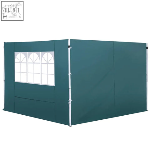 Teal green oxford cloth gazebo replaceable side panels with white arched window panels and metal frame dark green
