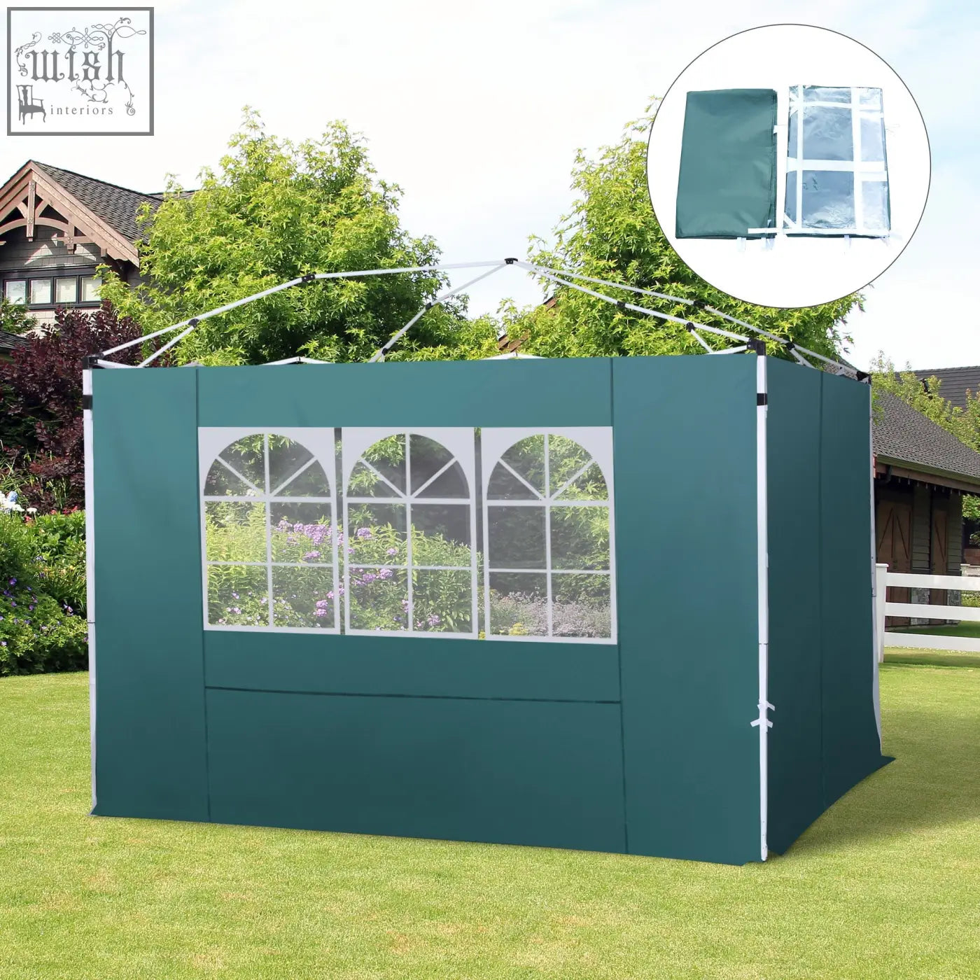 Teal green outdoor gazebo with oxford cloth replaceable side panels and white trim in dark green design