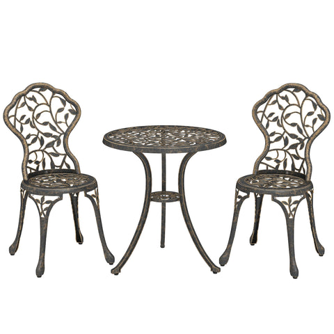 Set of two wrought iron patio chairs with intricate leaf design in dark bronze perfect for bistro set outdoor seating