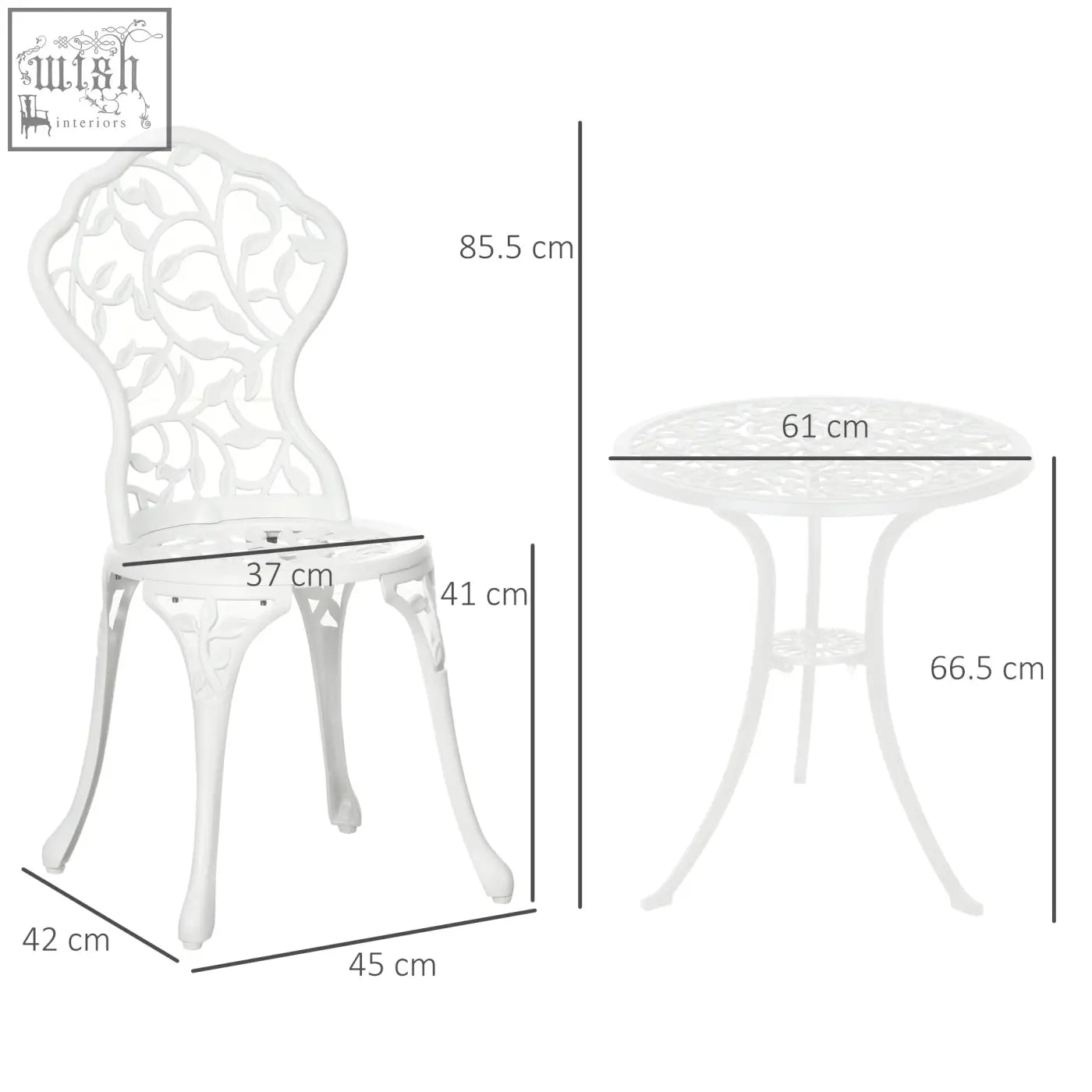 White ornate aluminium bistro set chair with intricate cut-out leaf design perfect for antique outdoor patio seating