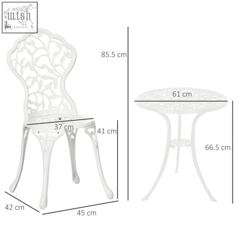 White ornate aluminium bistro set chair with intricate cut-out leaf design perfect for antique outdoor patio seating