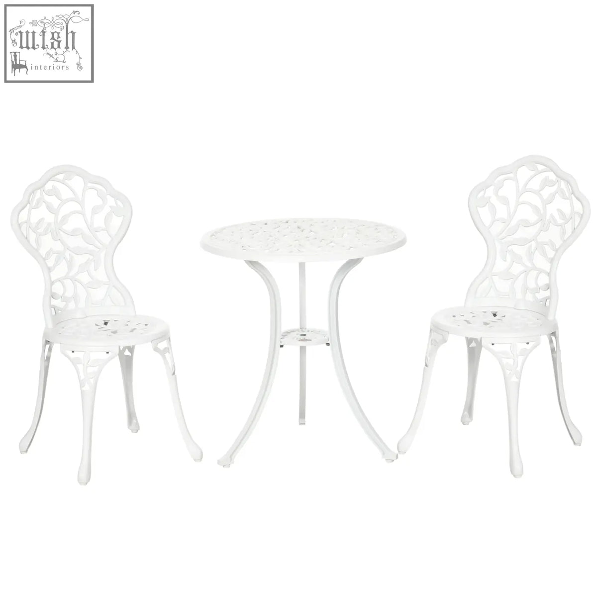 Out sunny 3 pcs aluminium bistro set with two chairs featuring cut-out leaf design in white for outdoor patio use