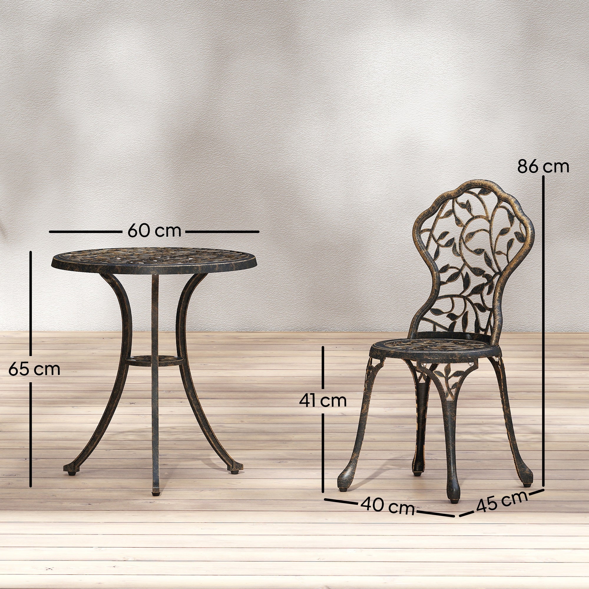 Antique bronze finished metal patio chair with intricate leaf vine scrollwork in outsunny bistro set with two chairs
