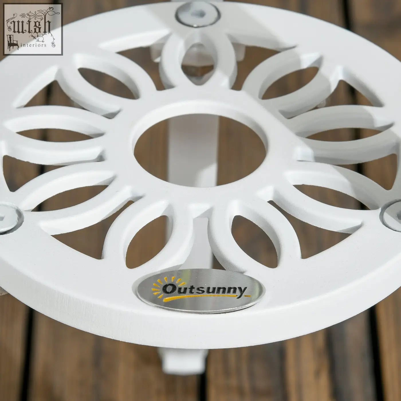 White cast aluminum plant stand with sunflower design and outsunny logo for outdoor bistro set with two chairs