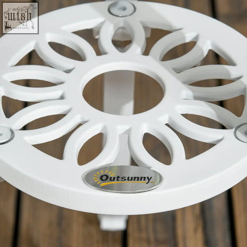 White cast aluminum plant stand with sunflower design and outsunny logo for outdoor bistro set with two chairs