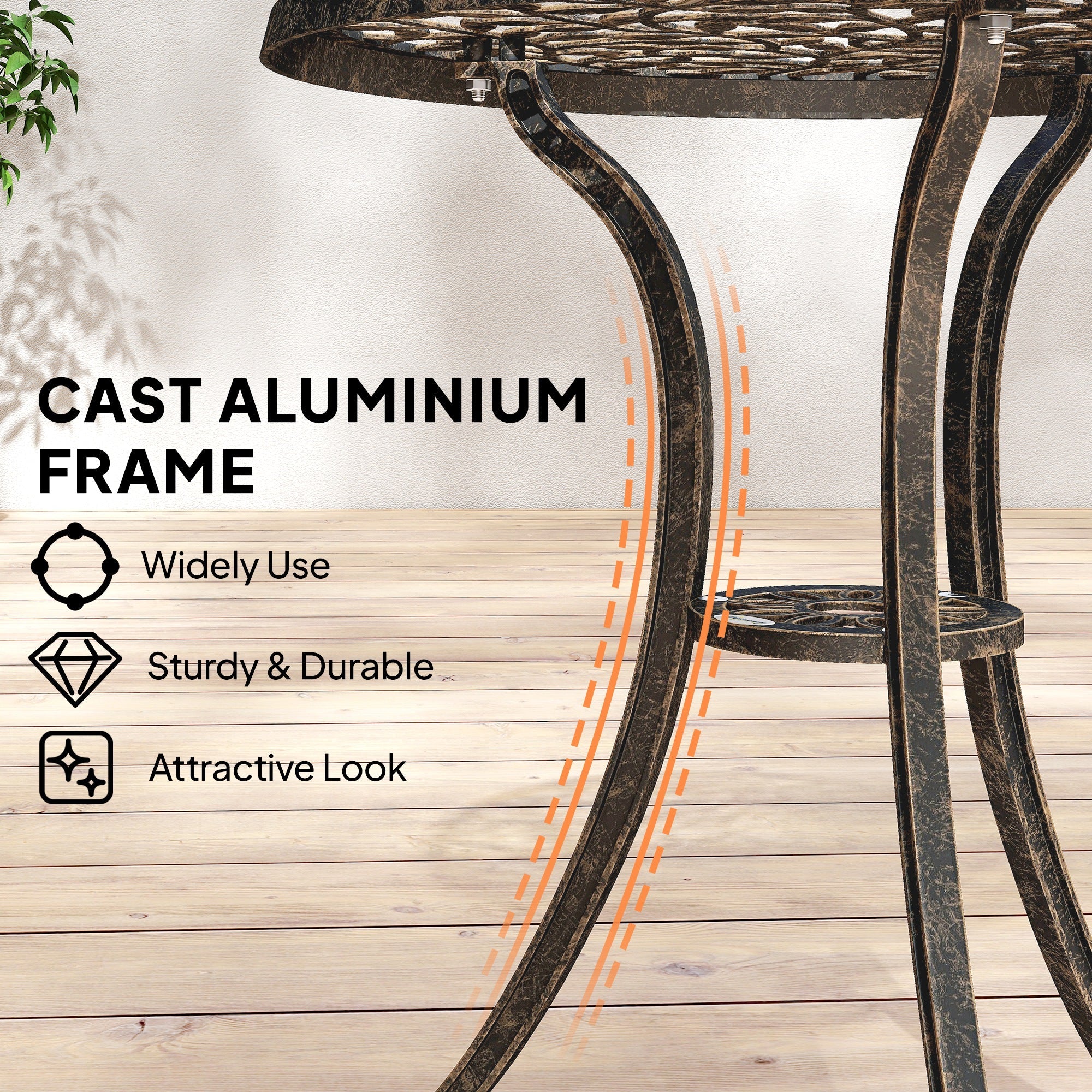 Outsunny cast aluminum bistro set with two chairs features a dark weathered finish and intricate scrollwork design
