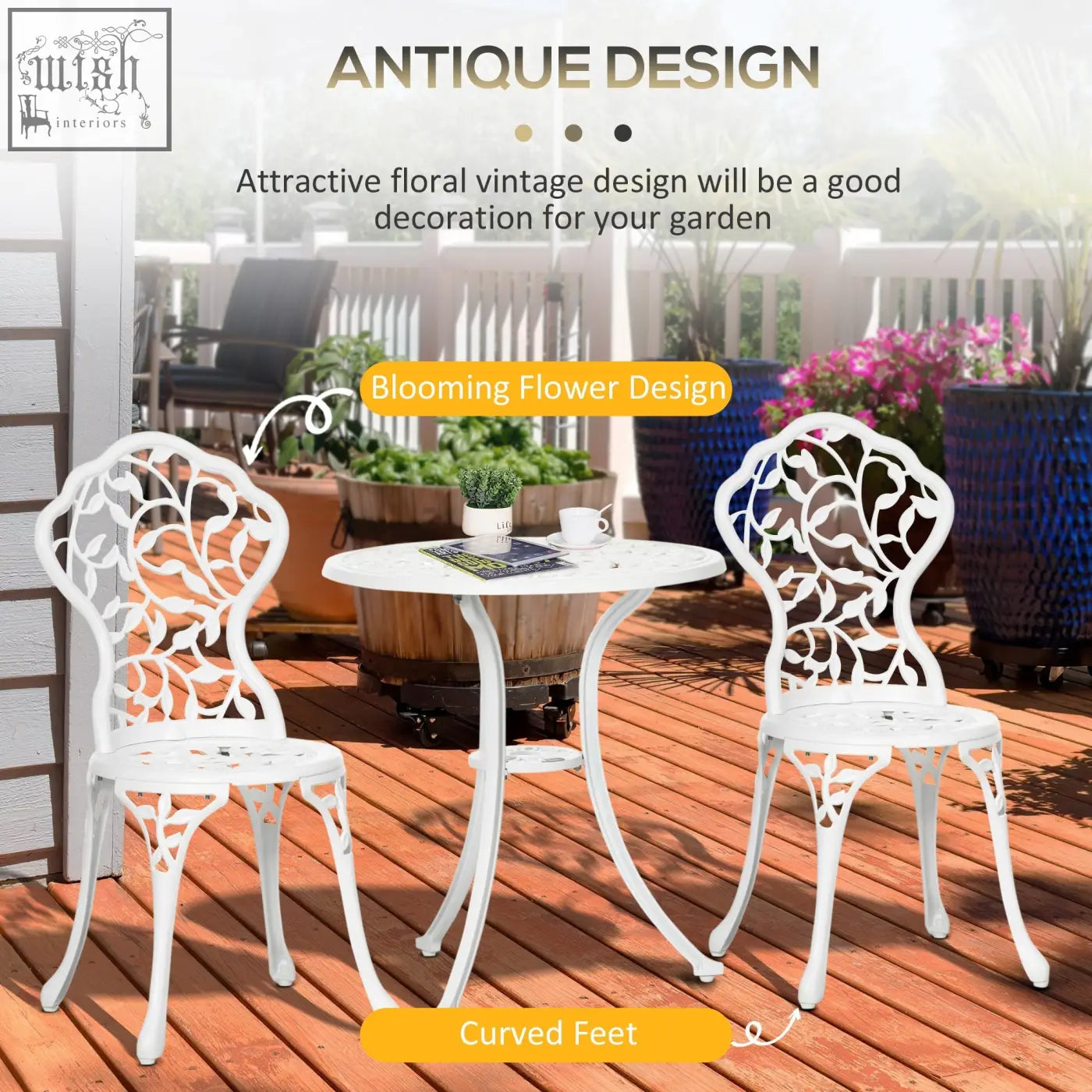Outsunny white aluminium bistro set with two chairs featuring intricate cut-out leaf design and curved feet for patio use