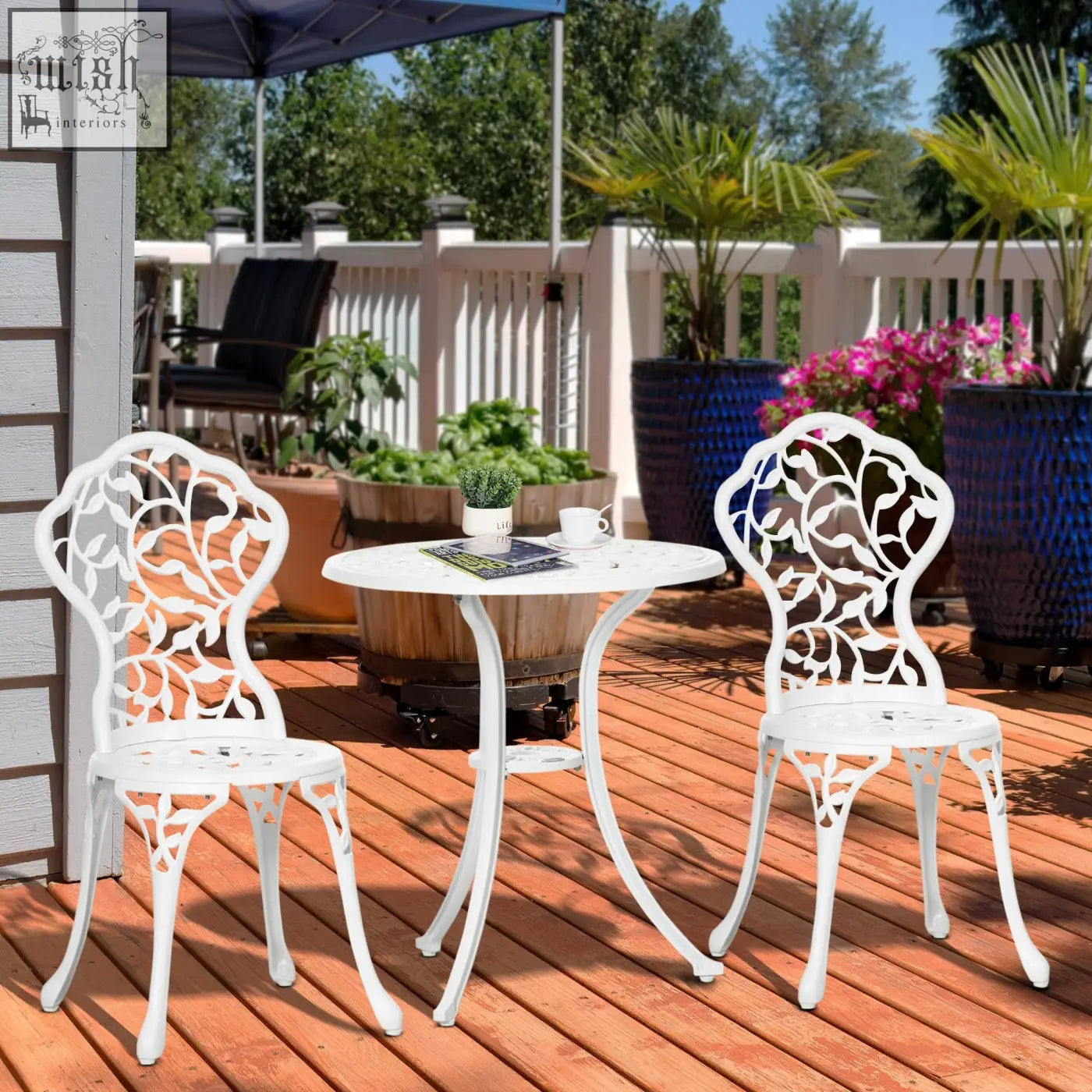 Outsunny white aluminium bistro set with two chairs featuring intricate cut-out leaf design for outdoor patio seating