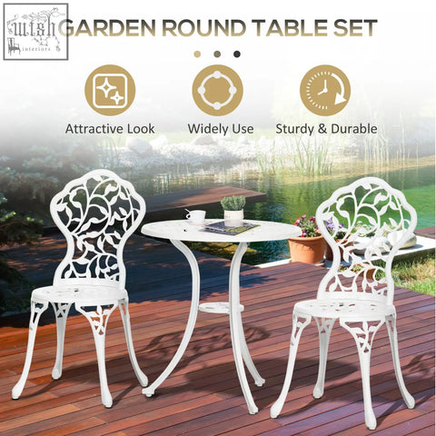 White outsunny bistro set with two aluminium chairs featuring cut-out leaf design for outdoor patio seating