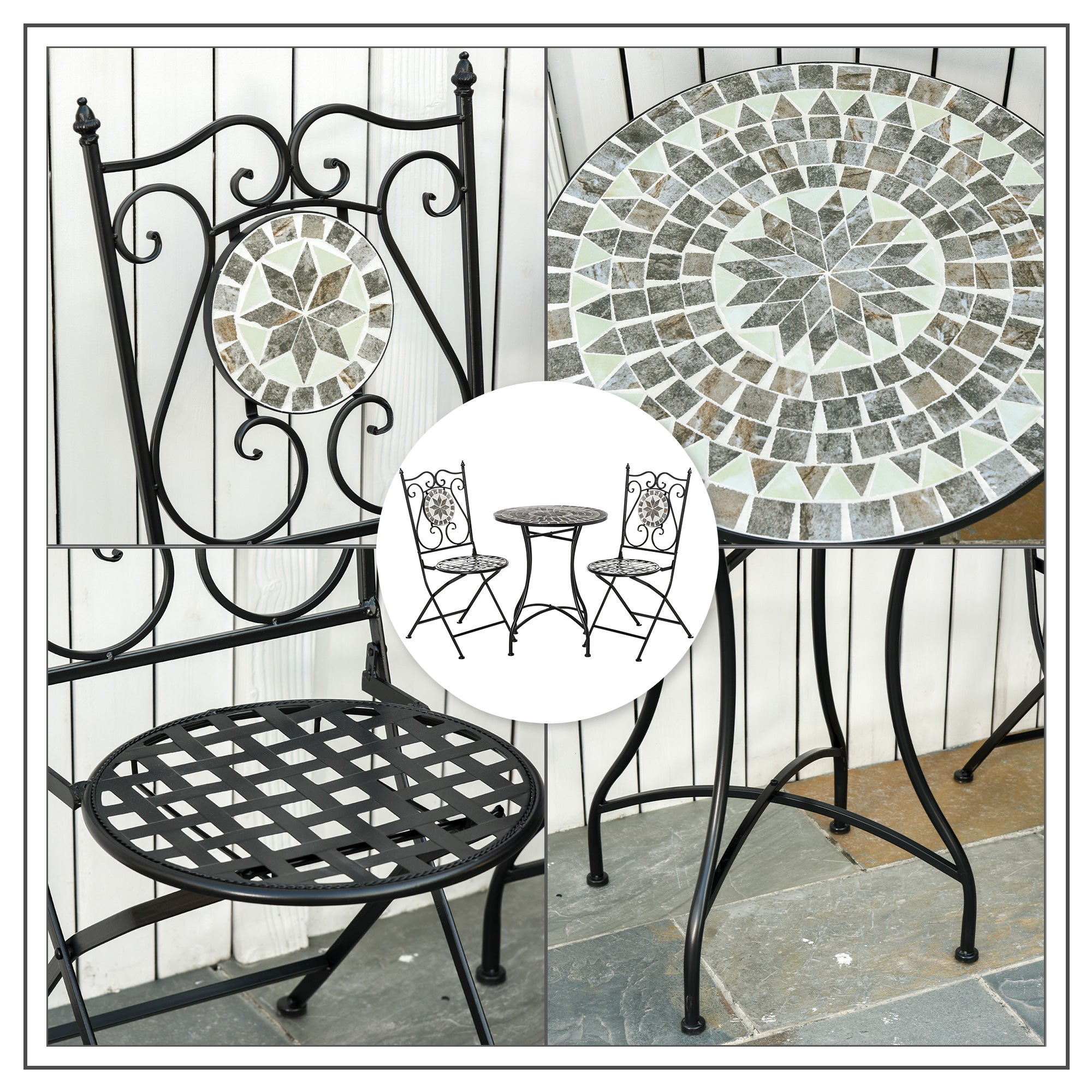 Black wrought iron garden bistro set with round mosaic tile table and two folding chairs in gray and white tones