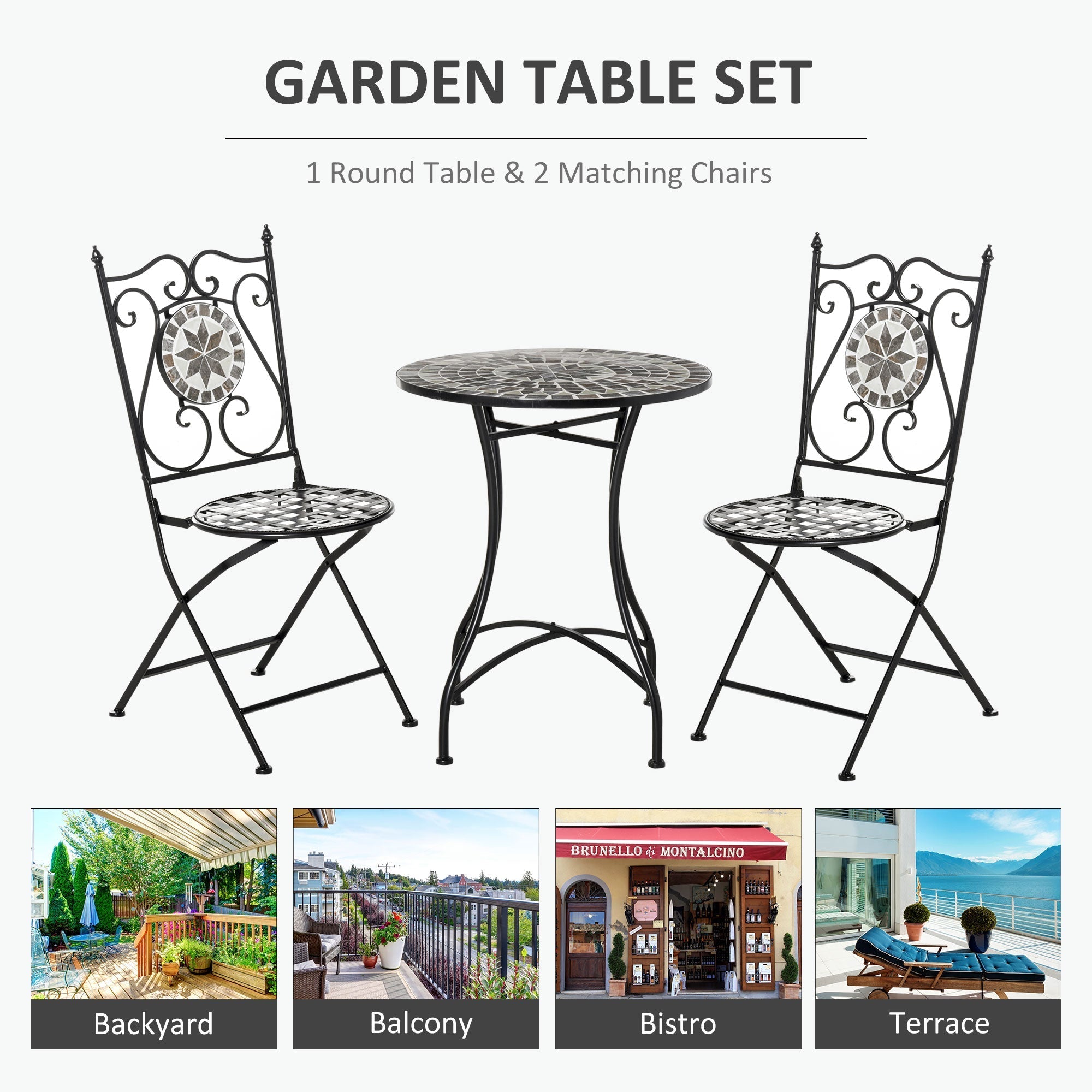 Black wrought iron garden bistro set with mosaic tile tops and ornate backs perfect for outdoor patio seating