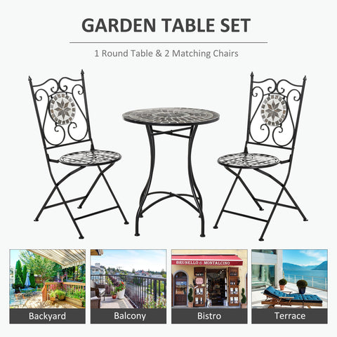 Black wrought iron garden bistro set with mosaic tile tops and ornate backs perfect for outdoor patio seating