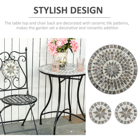 Black wrought iron garden bistro table with gray and white mosaic tile top starburst pattern from outsunny set