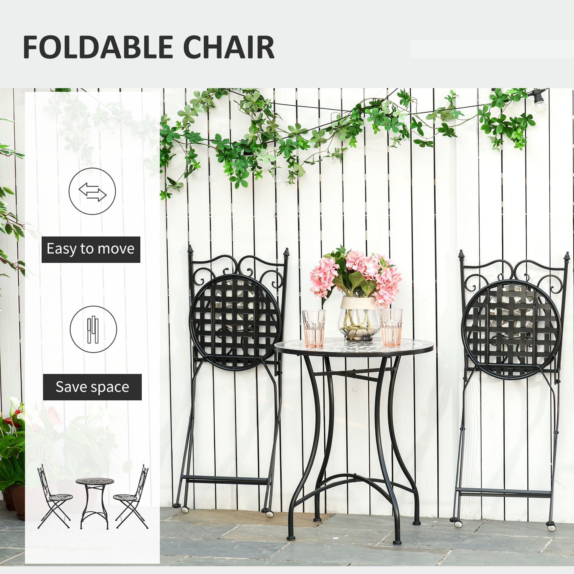Black wrought iron foldable chairs with ornate lattice backs and round grid seats for outsunny garden bistro set