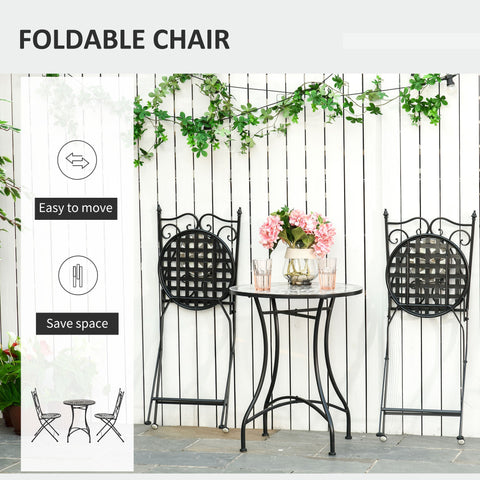 Black wrought iron foldable chairs with ornate lattice backs and round grid seats for outsunny garden bistro set