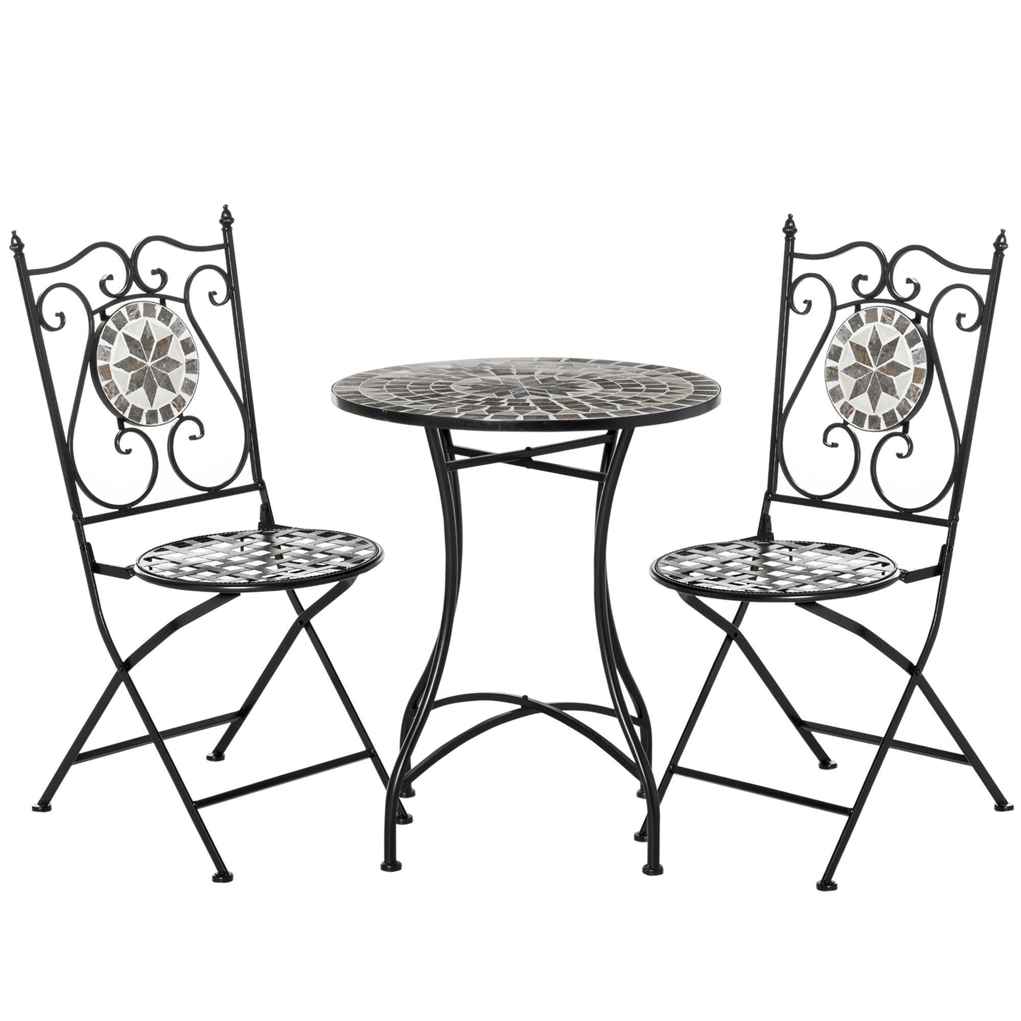 Black wrought iron garden bistro set with mosaic tile tabletop and chair backs featuring elegant scrolling designs