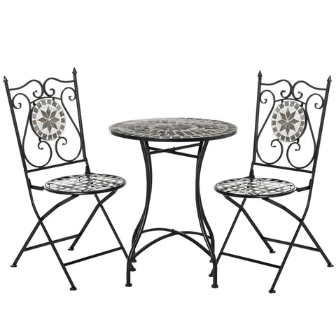 Black wrought iron garden bistro set with mosaic tile tabletop and chair backs featuring elegant scrolling designs
