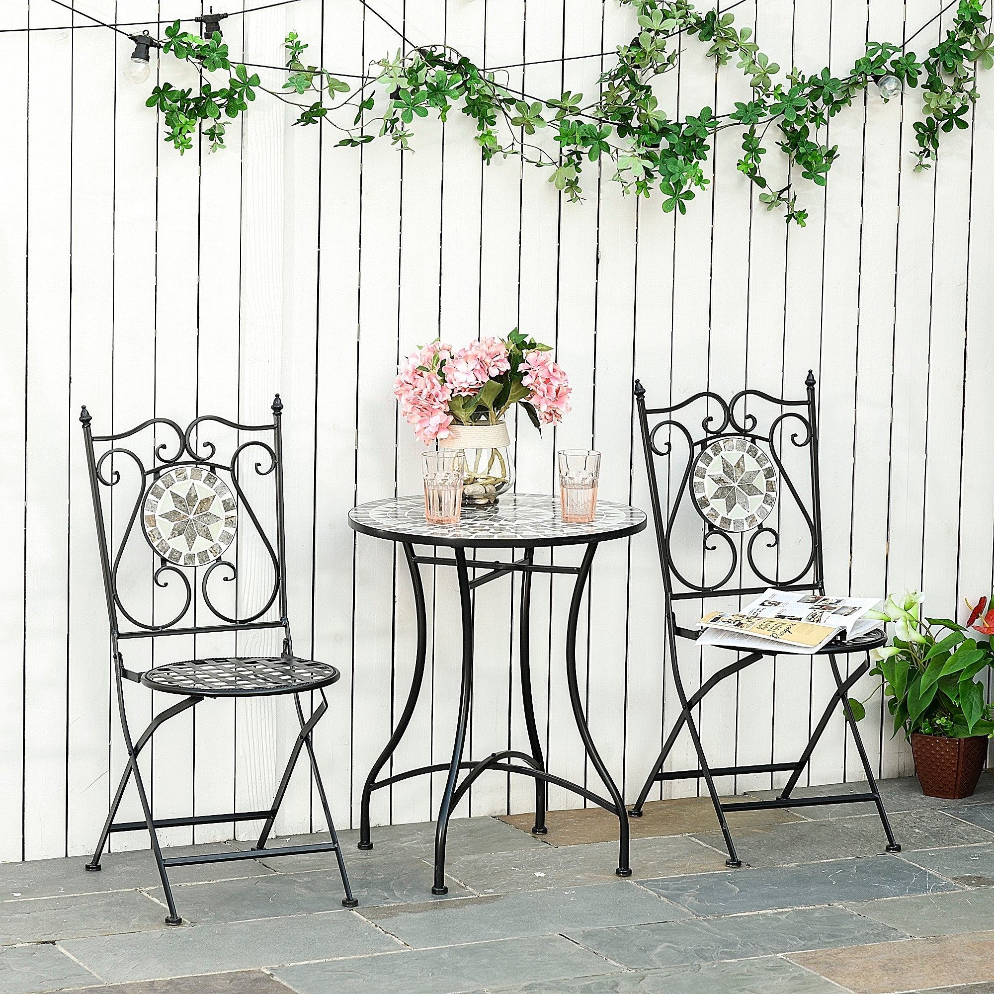Black wrought iron garden bistro table with mosaic tile starburst top part of outsunny outdoor bistro set