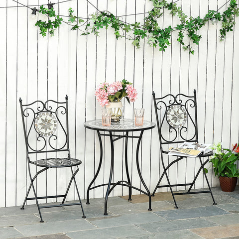 Black wrought iron garden bistro table with mosaic tile starburst top part of outsunny outdoor bistro set