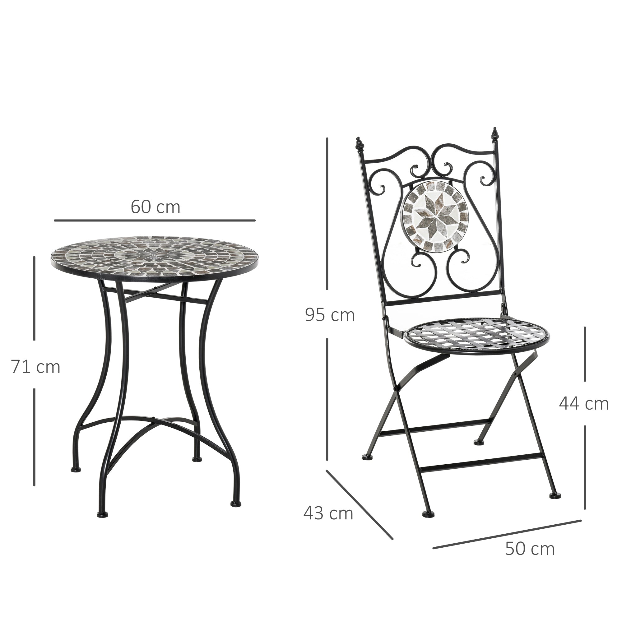 Black wrought iron garden bistro table with mosaic tile top featuring a circular star pattern for outdoor use