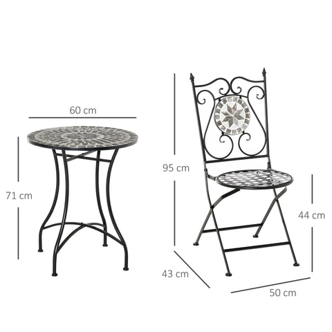 Black wrought iron garden bistro table with mosaic tile top featuring a circular star pattern for outdoor use