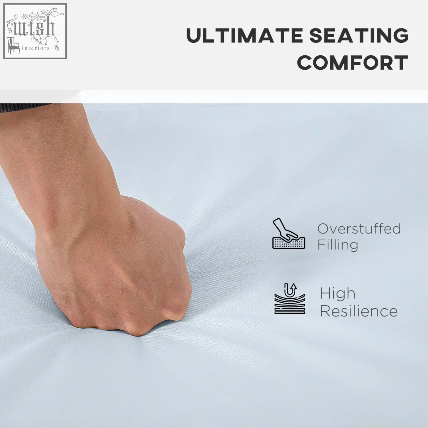 Light blue overstuffed fabric single seat cushion with high resilience filling for outdoor rattan furniture use